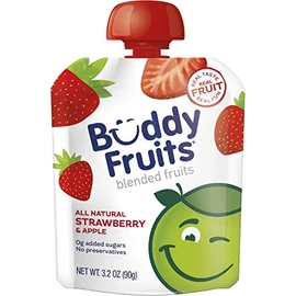 Buddy Fruits Pure Blended Fruit To Go Apple and Strawberry Applesauce | 100% Real Fruit | No Sugar, Non GMO, Vegan, Gluten Free, No Preservatives, BPA Free , Certified Kosher | 3.2oz Pouch 18 Pack