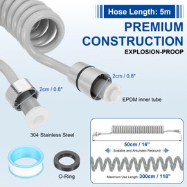 sourcing map Bidet Sprayer Tube, 5 M Bidet Spring Hose Flexible Shower Tube PU Flexible Telescopic Bidet Hose for Toilet Faucet Bidet Sprayer Basin Faucet Showers, Grey