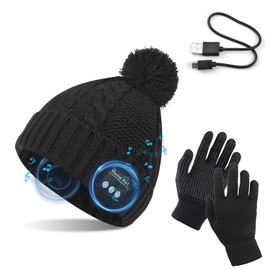 Tagvo Bluetooth V5.0 Beanie with Touchscreen Gloves Set, Winter Warm Knitted Wireless Bluetooth Headset Music Hat for Running, Skiing, Hiking., black