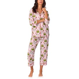 Bedhead PJs Women's 3/4 Sleeve Cotton Knit Cropped Pajama Set, Twelve Days of Christmas