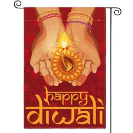 AVOIN colorlife Happy Diwali Garden Flag 12x18 Inch Double Sided Outside, Diyas Lights Yard Outdoor Decorative Flag