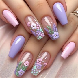 Purple Press on Nails Short Nails Press ons Coffin Glue on Nails Glossy Fake Nails with Flower Designs Spring Summer False Nails Nude Acrylic Nails Artificial Stick on Nails for Women 24Pcs