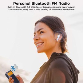 Portable FM Radio Personal FM Pocket Radio Bluetooth 5.0 Mini Digital Tuning Walkman Radio Alarm Clock Radio Rechargeable with Backlight LCD Display 3 Watts Speaker for Walking Jogging