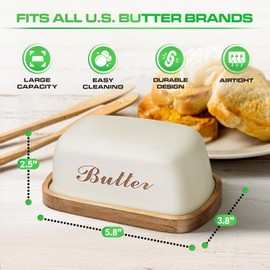 Off-white Butter Tray with Lid, Wooden Butter Dish, Airtight Bamboo Butter Plate for Refrigerator, Butter Holder for Countertop, Farmhouse Butter Tub with Lid, Metal Butter Container Keeper