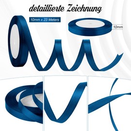Blue Satin Ribbon Navy Blue 10 mm, 23 Metres Gift Ribbon Blue Dark Blue Christmas Gift Ribbon Wedding for Ribbon Bridal Bouquet Satin Ribbon Wedding Decoration Dirndl Dark Blue
