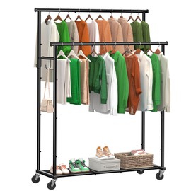 Ekisemio Double Rod Clothes Rack with Wheels Load 400 LBS, 45 Inch Rolling Clothing Rack for Hanging Clothes, Heavy Duty Garment Rack with Shelves, Metal Portable Closet, Black