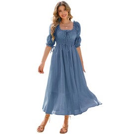 R.Vivimos Women's Summer Square Neck Midi Dress 2025 Casual Puff Half Sleeve Elastic Empire Waist Boho Flowy Long Dresses (Medium, Dusty Blue)