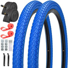 SIMEIQI 26/24x2.125 Inch 2 Pack Bike Tires and Tubes Beach Cuiser Bicycle Tires Red or Blue with Rim Strips and Glueless Patches (Blue, 24x2.125)