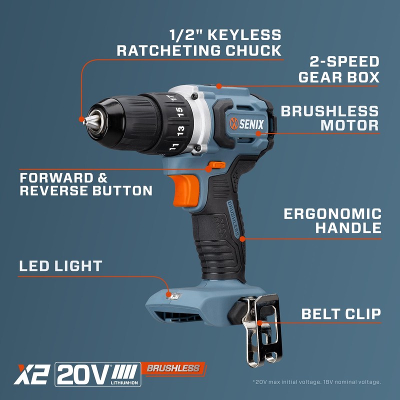 SENIX 20V Max 1/2-Inch Brushless Drill Driver, 45 ft-lbs Torque,