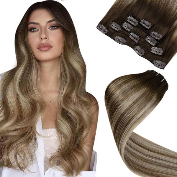 LaaVoo Real Hair Clip-In Extensions, Balayage Brown Extensions, Dark Brown, Balayage, Medium Brown with Blonde Clip-In Extensions, 5 Pieces, 80 g, 35 cm, #3/8/24