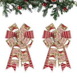 ABTOLS 2PCS Christmas Wreath Bows, Red Gold Glitter Bows for Wreath Xmas Decor Bow for Front Door Hat Red Gold Stripe Tree Topper Bows for Winter New Year Wall Ornaments Home Indoor Outdoor Decor