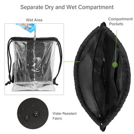 RYACO Waterproof Drawstring Backpack, Swimming Sports Gym Bag, with Outside Zipper Pocket, Water Cup Mesh Packet, Dry and Wet Separation, for School, Sport, Swimming, Travel (Black)