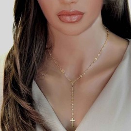 Yheakne Cross Pendant Necklace Gold Y Necklace Chain Vintage Minimalist Lariat Necklace Religion Chain Jewelry for Women and Girls (Without crystal)