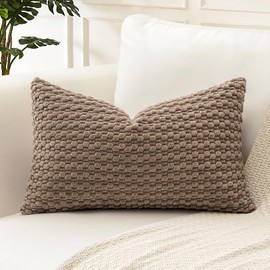 Artscope Pom Poms Decorative Corduroy Cushion Cover 30x50cm Super Soft Boho Striped Lumbar Pillow Covers Case Geometric for Sofa Couch Bedroom Car Decor Set of 1, Brown