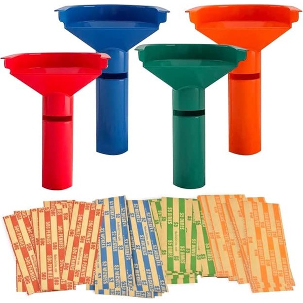 Nadex Easy Wrap Coin Tube Set with 40 Wrappers Included - Funnel Shaped Coin for Pennies, Nickles, Dimes, and Quarters - Four Color-Coded Tubes