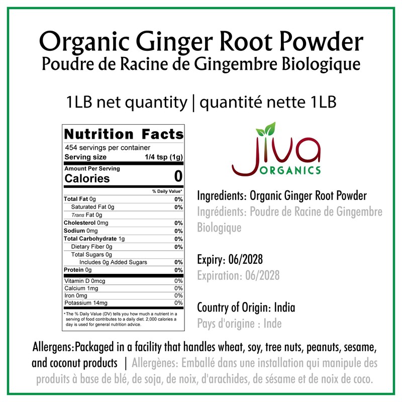 Jiva Organics Organic Ginger Root Powder 1 LB Jar -