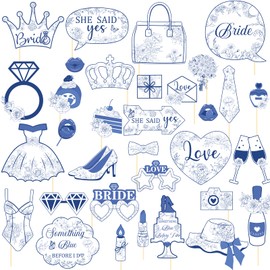 Aposwow Something Blue Bridal Shower Decorations, 33PCS Blue Before I Do Bridal Shower Photo Booth Props Decor, Bachelorette Wedding Engagement Party Supplies Girls Women