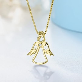 FJ 18k Gold Plated Guardian Angel Pendant Necklace 925 Sterling Silver Angel Jewellery Gifts for Women Girls