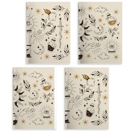 Study Notebook Occult Vector Notepads, 4 Pcs A5(8.26x5.7inch) College Ruled Journaling Notebooks, Celestial Pattern Cover Lined Journal for Women, Meeting Notebook for Work Study Diary
