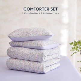 Wake In Cloud - Floral Comforter Set, Cute Vintage Flower Cottagecore Aesthetic for Women Teen Girls, Soft Lightweight Dorm Bedding, 3 Pieces, Lilac, Queen Size