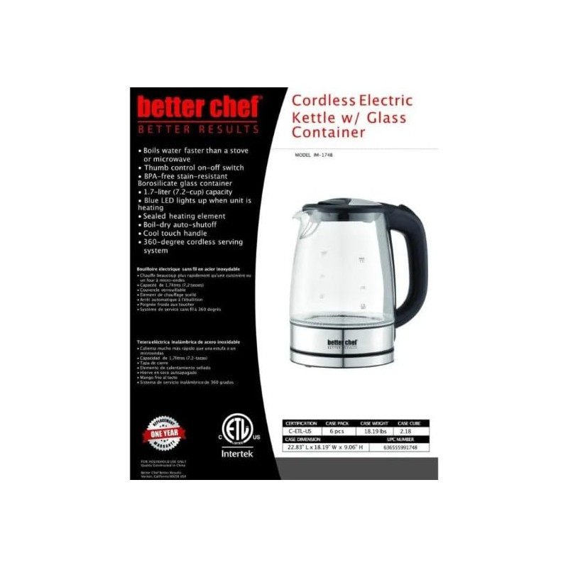 Better Chef Cordless Electric Glass Kettle | 7-Cup Borosilicate Glass