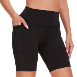 iniber - Pantalones cortos de motociclista para mujer, con bolsillos, cintura alta, entrenamiento, yoga, elastano, suave, atlético, para bicicleta, para correr, Sólido Negro, Large