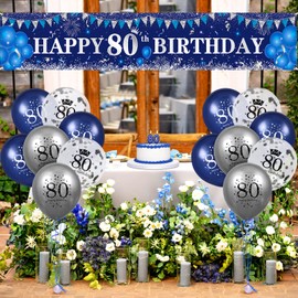 Rumia Blue & Silver 80th Birthday Decorations: Banner & Balloons for Men & Women's 80th Birthday Party