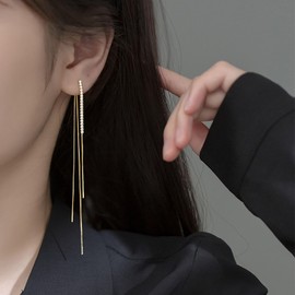 TseenYi Long Tassel Earrings Gold CZ Bar Dangle Earrings Long Tassel Chain Thin Earrings Chain Long Fringe Front Back Earrings Long Drop Earrings Jewellery for Women and Girls, Resin