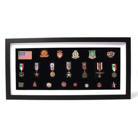 Military Shadow Box Frame,Military Medal Display Case,Memorabilia Display Cases,Pin Display Case,21.8"x10.2"Solid Wooden HD Glass Medal Display Case,Police Badge Display Case（Black ﻿ ﻿