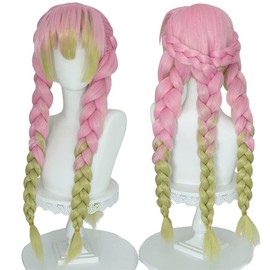 SL Wig for Kanroji Mitsuri Cosplay for Demon Slayer Green and Pink Anime Cosplay Wigs with Cap