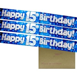 9ft Banner Happy 15th Birthday Blue Holographic Foil Pennant Age 15
