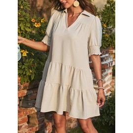 Dokotoo Casual Dresses for Women 2025 Casual Summer Lapel Collared V Neck Summer Dress Womens Fashion A Line Vacation Dresses for Women Beige Medium