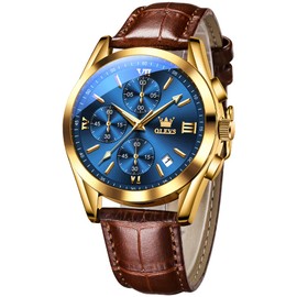 OLEVS Leather Watch for Men Dress Watch Mens Brown Watches Blue Dial Watch Waterproof Date Analog Quartz Men's Wrist Watches Luxury Gold Tone Steel Mens Watches Leather Band Water Resistant