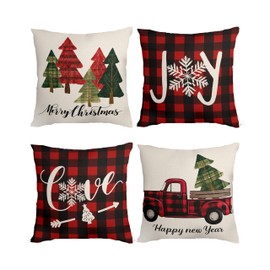 FUYUCHEN Joy Christmas Tree Pillow Covers 18x18 Inch Merry Christmas Truck Buffalo Plaid Throw Pillow Cases for Holiday Farmhouse Decorations Sofa Couch Set of 4