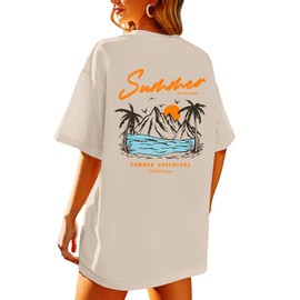 KEEVICI California T Shirt Beach Oversized Graphic Tees for Women Vintage Adventure Shirts Baggy Summer Cotton Vacation Tops (Apricot,L,Large)