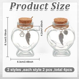 WEBEEDY 4 Pcs Heart Shape Pet Hair Memorial Bottles Pet Urn Glass Bottles with Cork Stopper and Silver Pendant,Dog Cat Fur Keepsake Jar for Pets Owner Remembrance Sympathy Condolence Gift