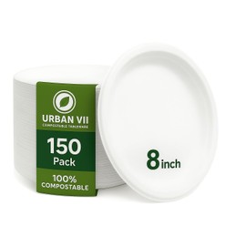 URBAN VII 8-Inch Compostable Paper Plates [150-Pack] – Heavy-Duty Disposable Bagasse (Sugarcane Fiber) Plates, Eco-Friendly Biodegradable Dinnerware, Microwave-Safe & Leak-Proof