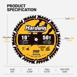 Hardwin 10-Inch 50-Teeth ATB Circular Saw Blade with 5/8 Inch Arbor, Ideal for Table Saws, Professional Blade for Cutting Wood, Plywood, and Wood Composites