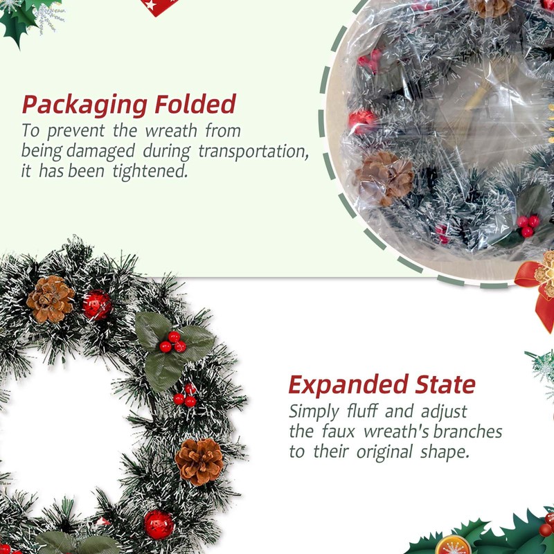 2Pcs Artificial Christmas Wreath with 1 Rope and 2 Hooks,