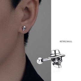 Men's Silver Plated Skull Earrings – Screw Back Stud for Men, American Vintage Style, Single Earring, Sleep & Shower Proof, Anti-Lost Screw Design