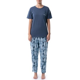 Wrangler Women's Short Sleeve Graphic Tee and Printed Pants Pajama Sleep Set, Dark Denim/Geo