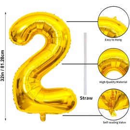 32 In Gold Large Numbers Balloons 0-9, Self Inflating Number 2 Balloons for Boys Girls, Big Gold Digit 2 Balloons for Women Men Birthday Party Anniversary Wedding Supplies Decorations
