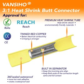VANSIHO Heat Shrink Butt Connectors Set 24pcs 8 AWG Insulated Waterproof Crimp Terminal Splice for Cable,Boat,Home Electrical etc