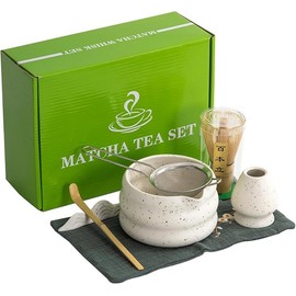 【7 in 1】 Matcha Whisk Set, Japanese Tea Set Includes Matcha Bowl with Spout, Matcha Whisk Holder, Bamboo Matcha Whisk and Bamboo Scoop, Ceramic Matcha Kit for Tea Lovers ﻿ (White -7pcs)