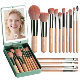 BS-MALL Juego de brochas de maquillaje de viaje, 14 piezas, corrector de polvo de base, sombras de ojos con espejo de luz LED, verde