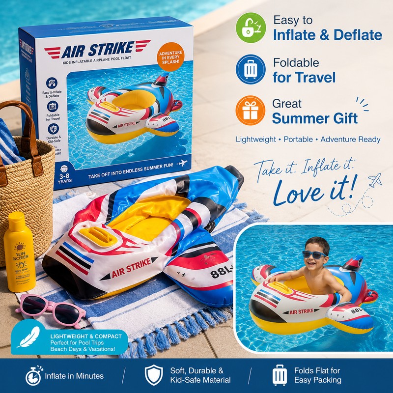 Kids Inflatable Airplane Pool Float for Summer Water Fun –