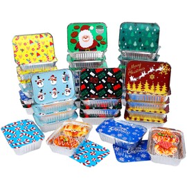 40Pcs Christmas Aluminum Pans With Lids,8 Holiday Designs,Foil Pans for Gift Giving Rectangular Treat Foil Containers Cookie Tins for Holiday Leftovers or Cookie Exchange,7.3"l X 5.1"w X 2"d