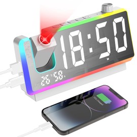 Cuteefun Projection Alarm Clock, Digital Alarm Clock with Large 7 Inch LED Display, 8 Modes RGB Night Light, 180° Projector, 2 Alarm Times, Dual USB Connection, Temperature and Humidity, Dimmer