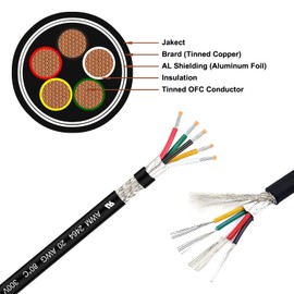 LINKSQ UL2464 30FT 20 Gauge 5 Conductor AL Shielded Wire, Tinned Copper Core 20 AWG 5 Wires Cable, 20/5 AWG CNC Wire, for CNC VFD Spindle, 3D Printer, Stepper Motor, Signal Transmission, etc.