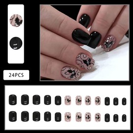 Short Fake Nails, Glue On Nails Short, Short Nails Press on, Black Press on Nails Short Square Acrylic False Nails with Black Vine Press ons Designs Artificial Nails Stick on Nails for Women A-24Pcs